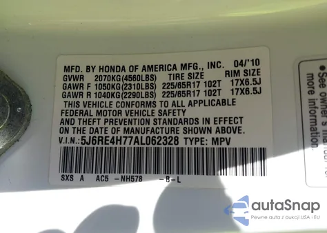 2010 Honda Cr-V Exl from USA, damaged, VIN 5J6RE4H77AL062328